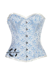 Blue And White Brocade Burlesque Gothic Overbust Corset Plus Size Bustier Top