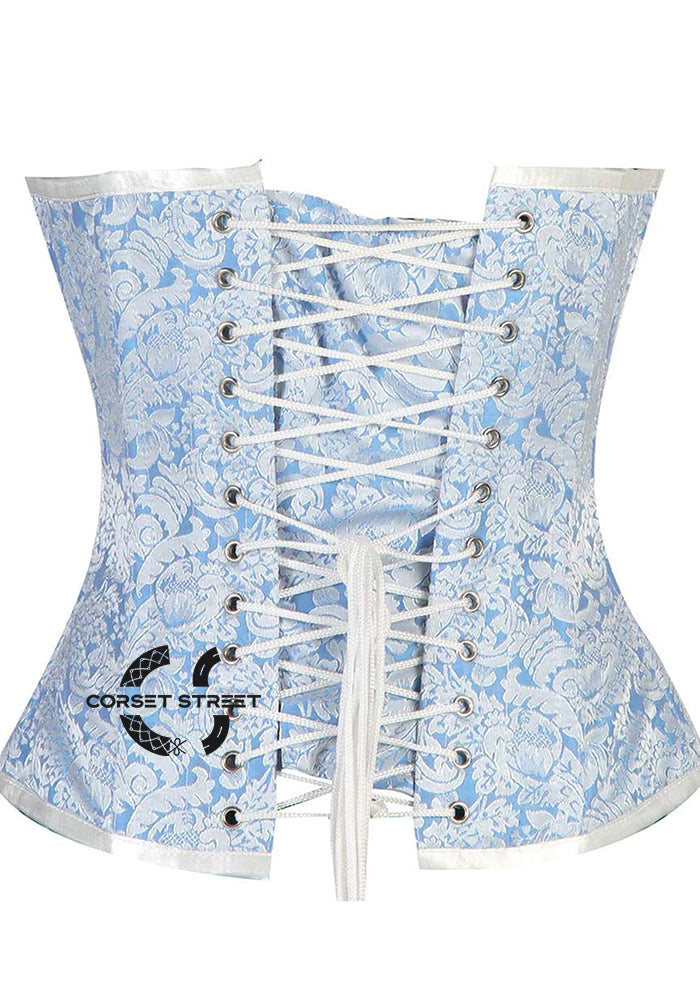 Blue And White Brocade Burlesque Gothic Overbust Corset Plus Size Bustier Top