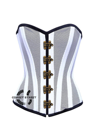 White Satin With Mesh Front Seal Lock Double Bone Burlesque Gothic Overbust Plus Size Corset Bustier Top