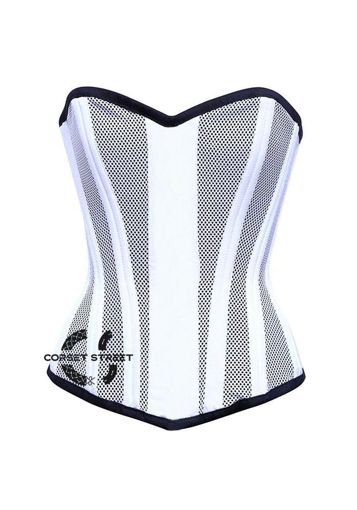 White Satin With Mesh Burlesque Gothic Overbust Corset Bustier Top