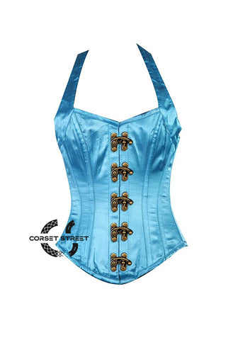 Baby Blue Satin With Shoulder Strap Front Clasp Burlesque Overbust Corset Bustier Top