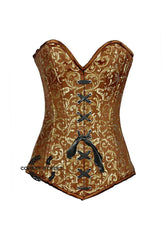 Brown And Golden Brocade Long Front Lace Burlesque Gothic Overbust Corset Bustier Top