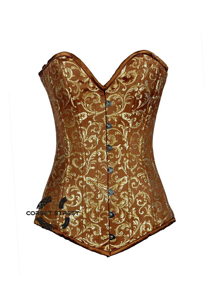 Brown And Golden Brocade Long Burlesque Gothic Overbust  Corset Bustier Plus Size Top