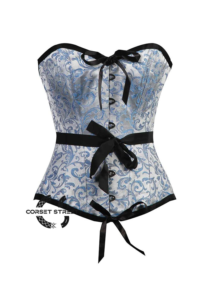 Baby Blue Brocade With Front Bow Gothic Burlesque Waist Training Overbust Corset Plus Size Bustier Top