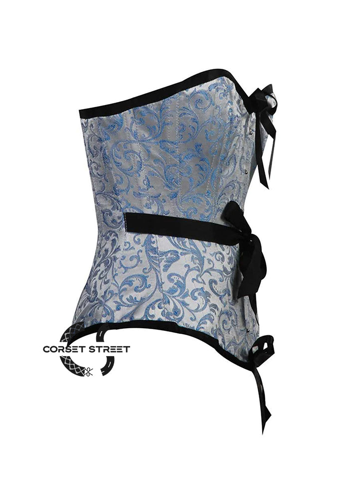 Baby Blue Brocade With Front Bow Gothic Burlesque Waist Training Overbust Corset Plus Size Bustier Top