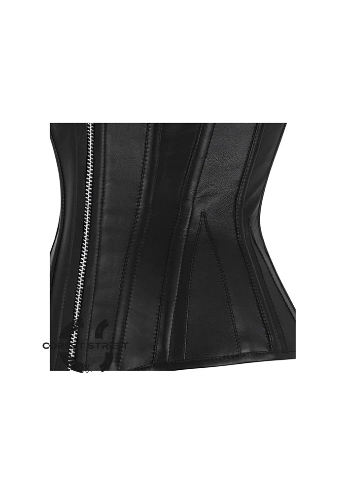 Black Faux Leather Front Zipper Steampunk Waist Training Overbust Corset Plus Size Bustier Top